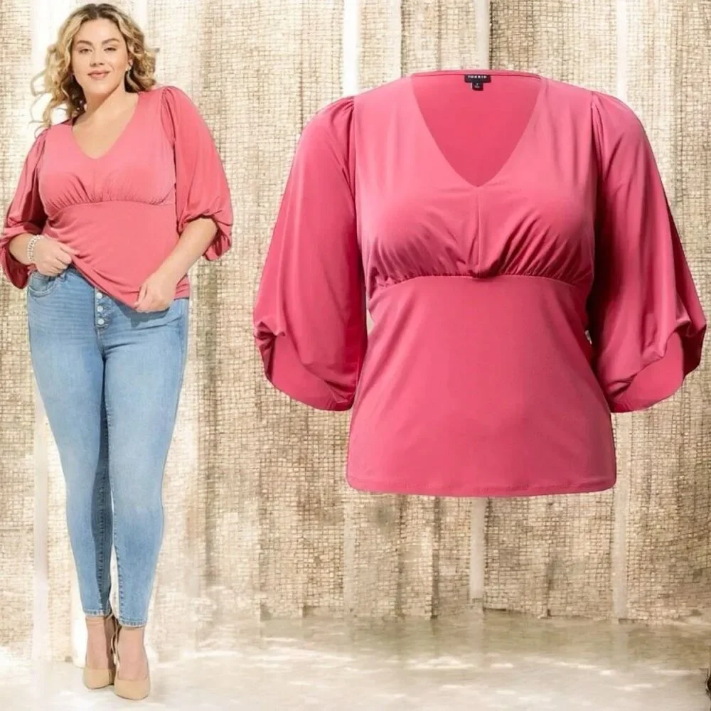 Torrid Berry Pink Studio Knit V-Neck Quarter Sleeve Shirred Top NWT - Picture 2 of 15